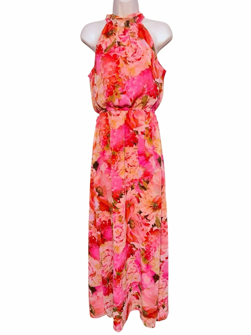 Eliza J Floral Halter Maxi Gown Size 6 pink, red, tan and white colors